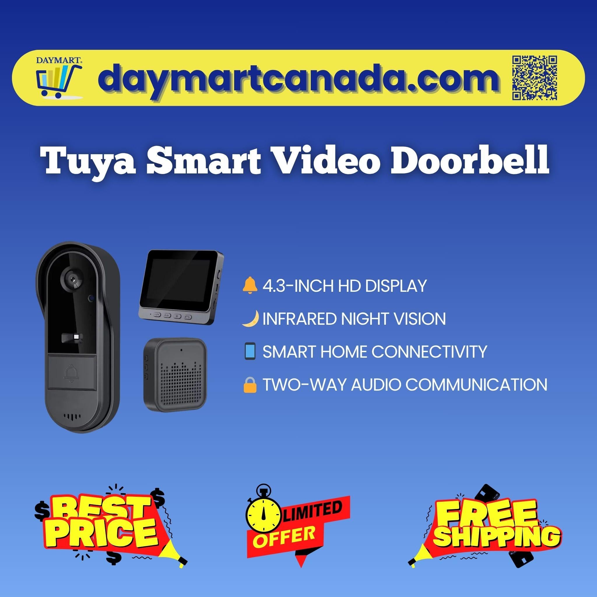 Front view of Tuya Smart Video Doorbell highlighting 4.3-inch HD display and sleek design for home security