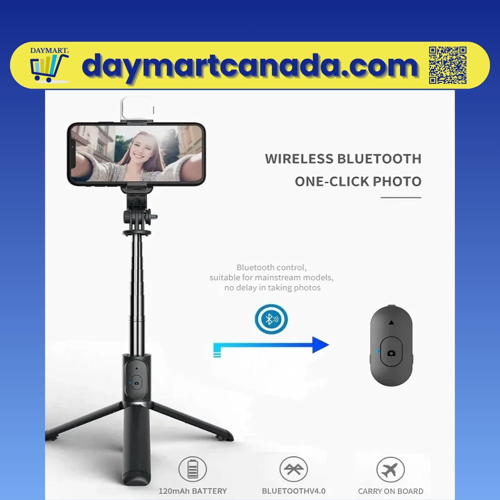 Selfie stick folded into a compact size for easy portability and travel