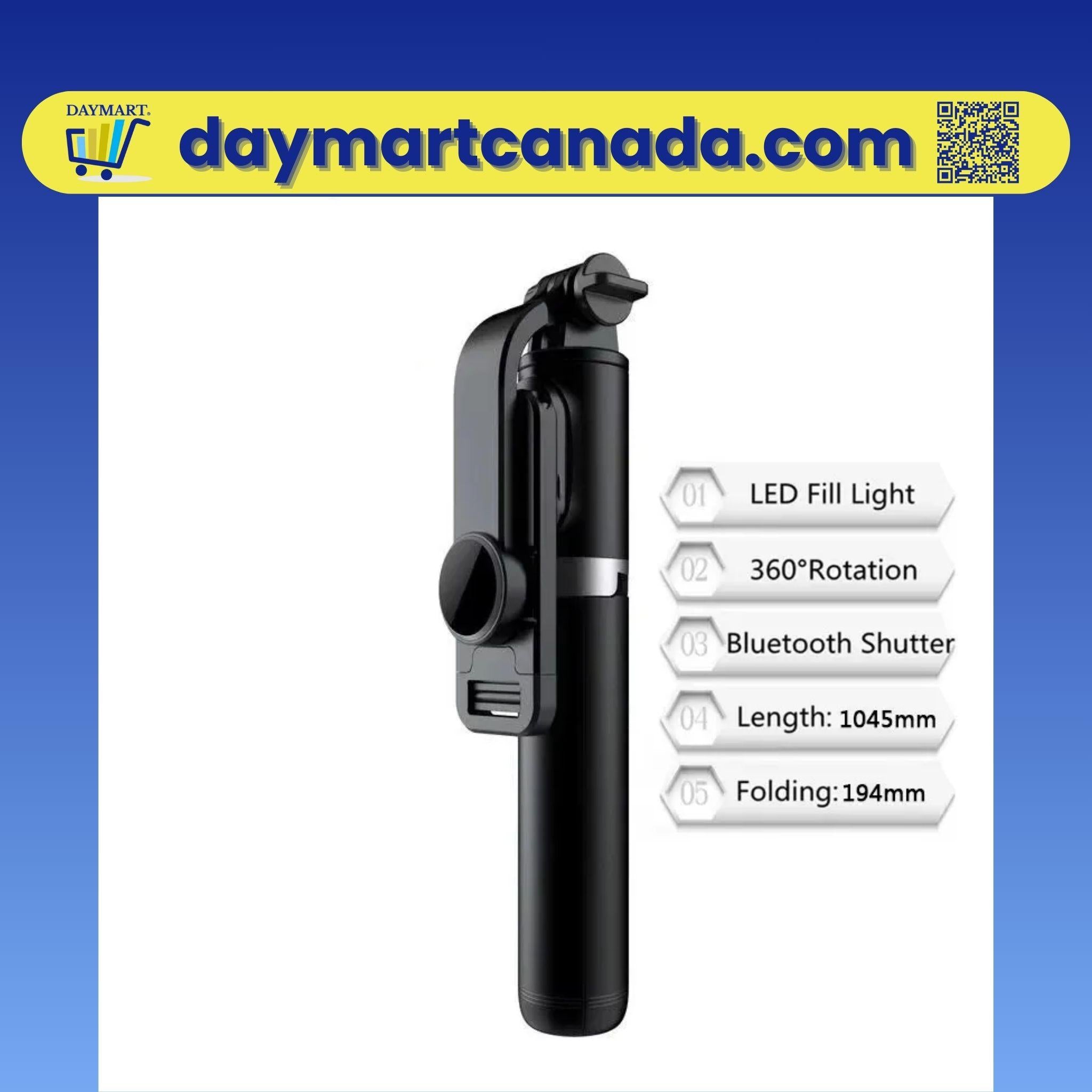 Black version of the LED wireless selfie stick with extendable tripod, compatible with Android and iOS smartphones
