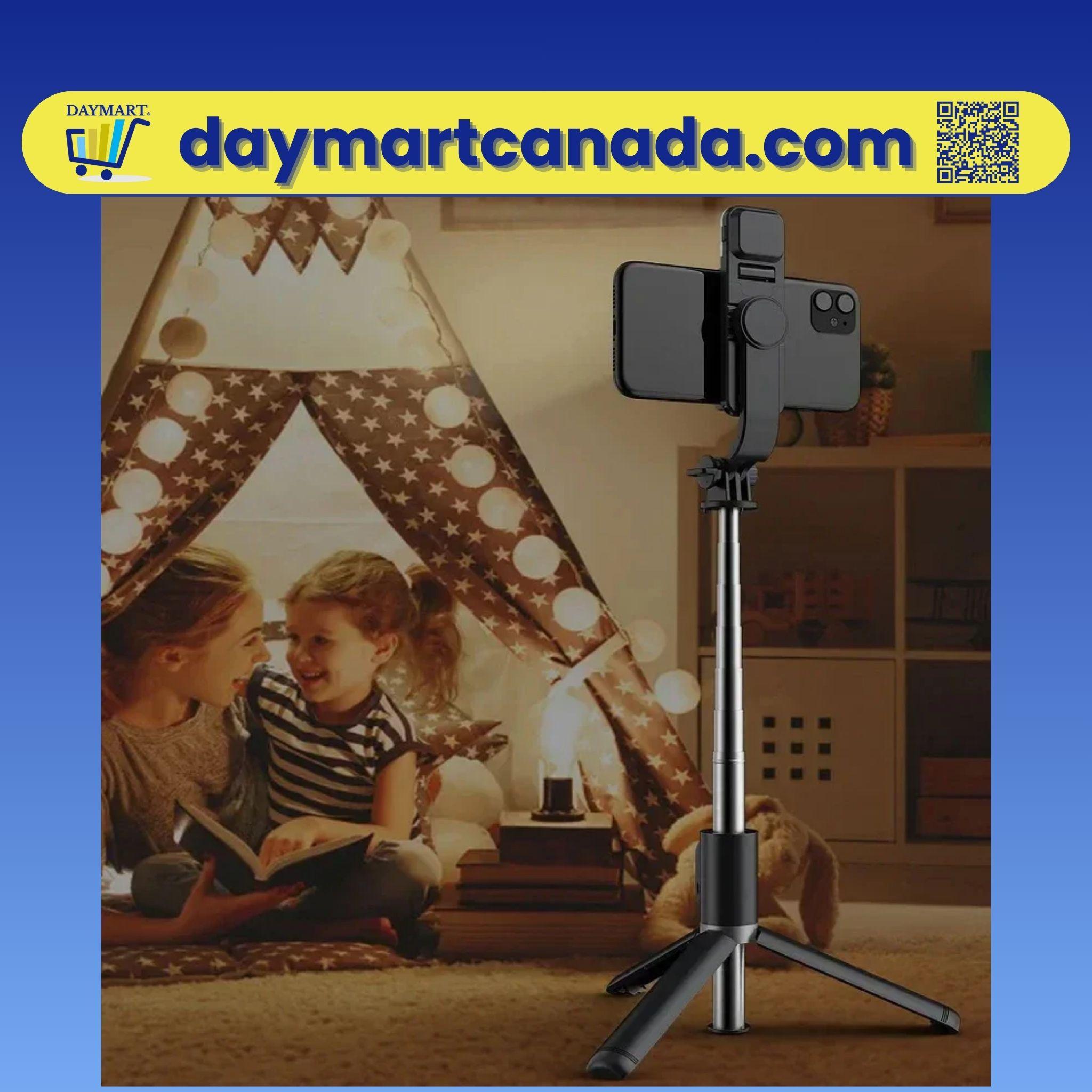 Bluetooth wireless remote shutter shown next to the selfie stick for hands-free photo capture
