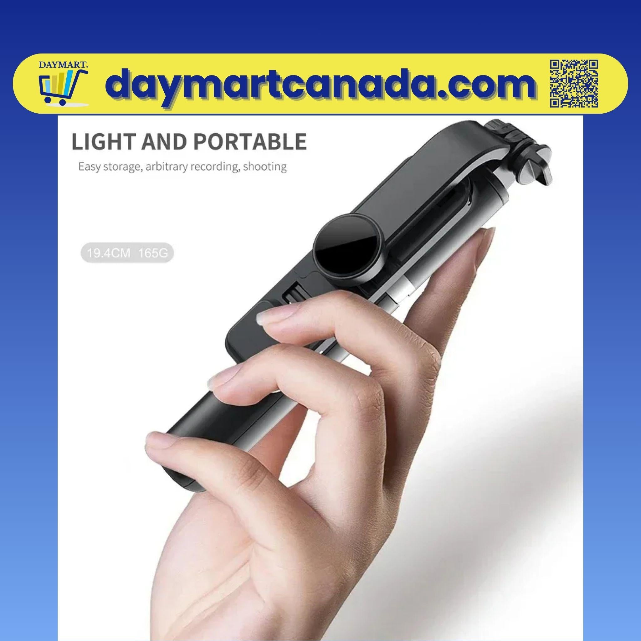 LED wireless selfie stick fully extended to 1045mm showing adjustable tripod and stable base