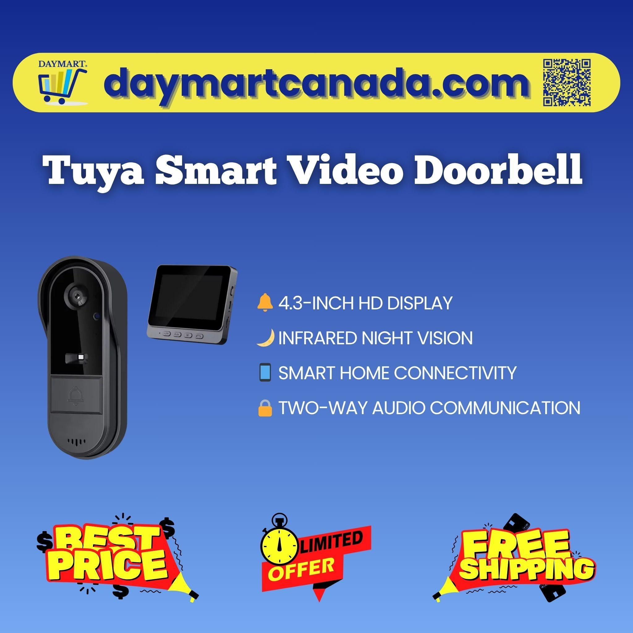 Tuya Smart Video Doorbell with 4.3-inch HD screen showing both doorbell unit and display for home monitoring
