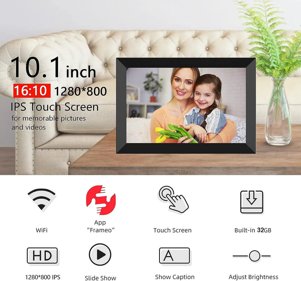 FRAMEO Digital Photo Frame WiFi 32GB 10.1 Inch 1280x800 IPS Touch Screen Digital Picture Frame Easy Setup Share Photo or Video