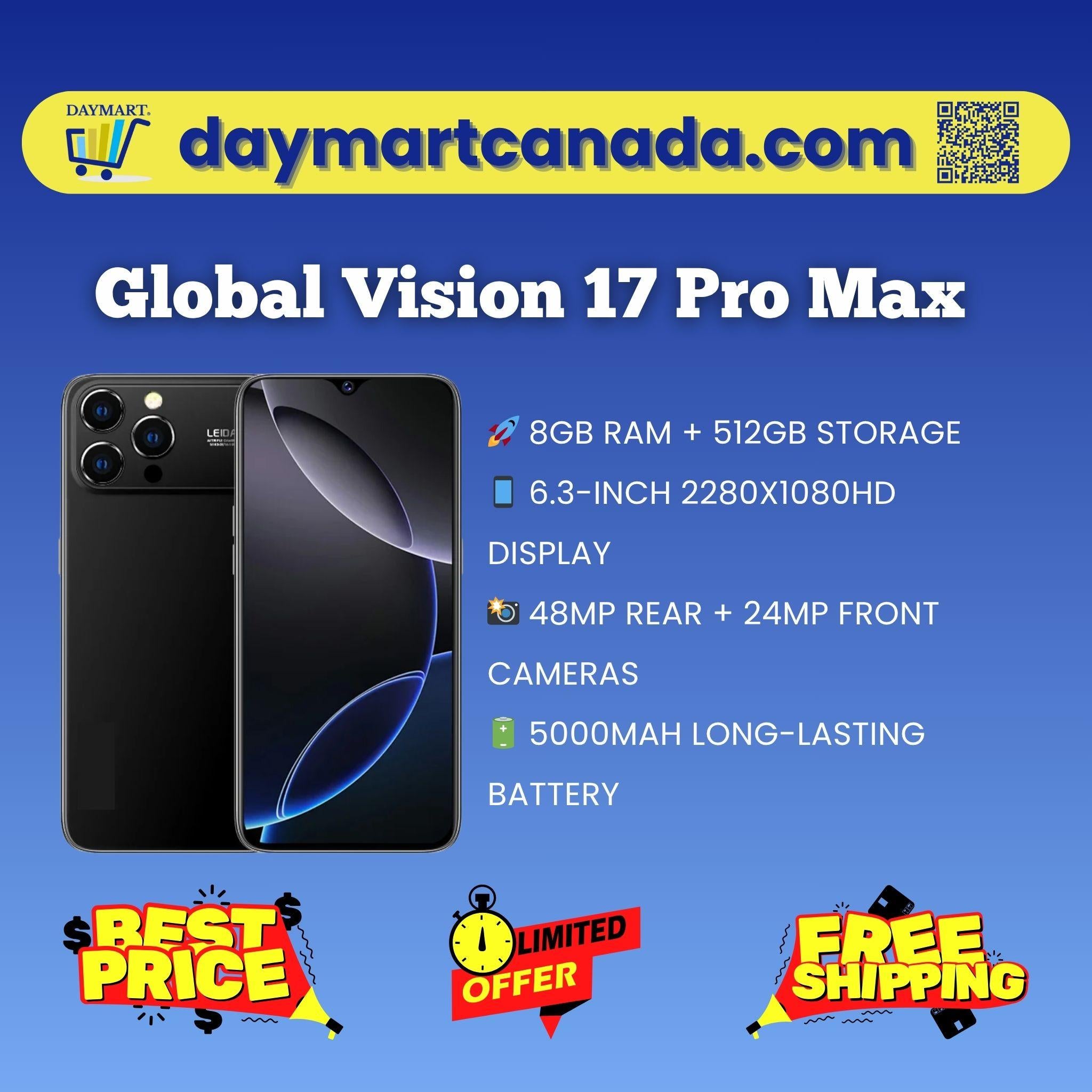 Front view of Global Vision 17 Pro Max showing 6.3-inch 512GB display
