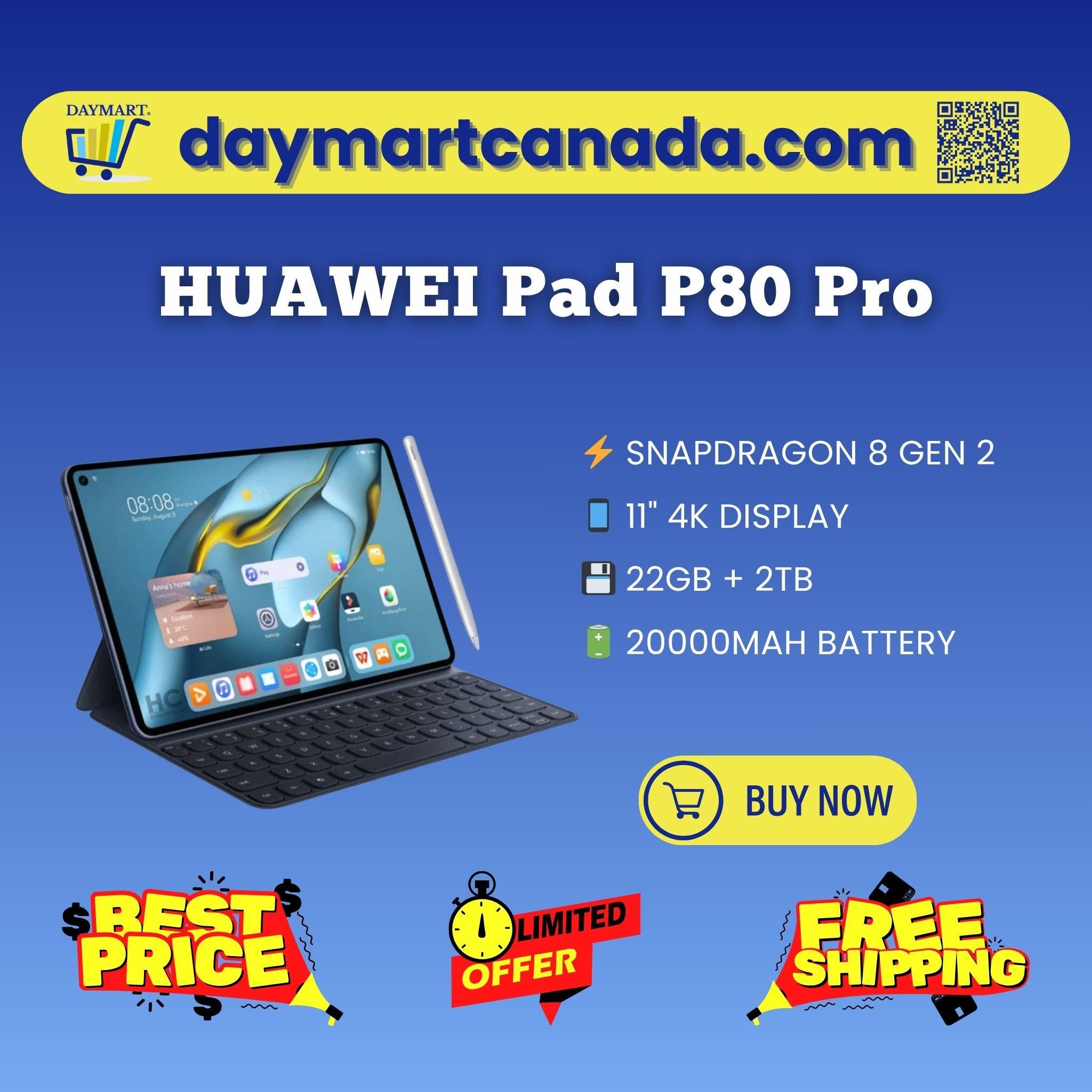 Front view of Huawei Pad P80 Pro tablet, 11-inch 4K display, Blue color, 2TB storage, sleek design, DAYMART® Canada.