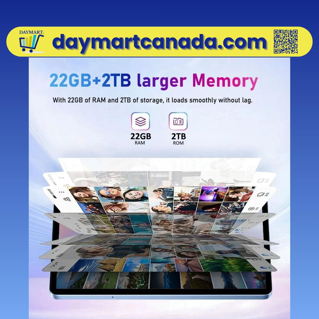 Huawei Pad P80 Pro tablet, 11-inch 4K display, Blue color, 2TB storage, displayed with included accessories like stylus, charger, and stand, DAYMART® Canada.