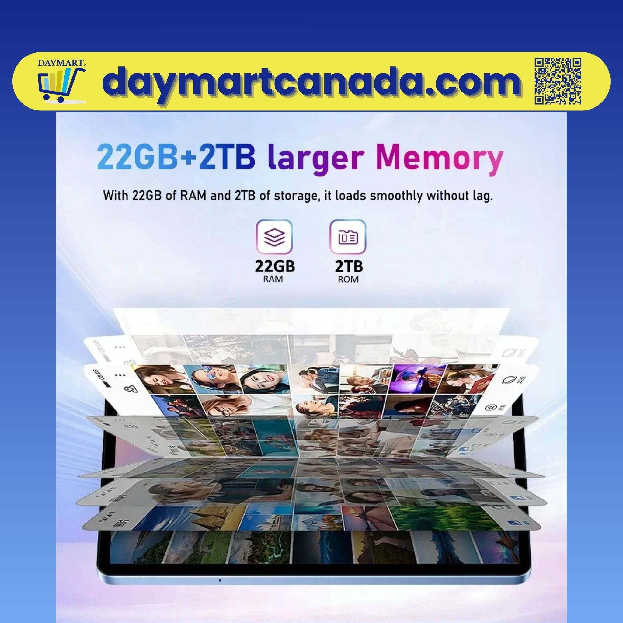 Huawei Pad P80 Pro tablet, 11-inch 4K display, Blue color, 2TB storage, displayed with included accessories like stylus, charger, and stand, DAYMART® Canada.