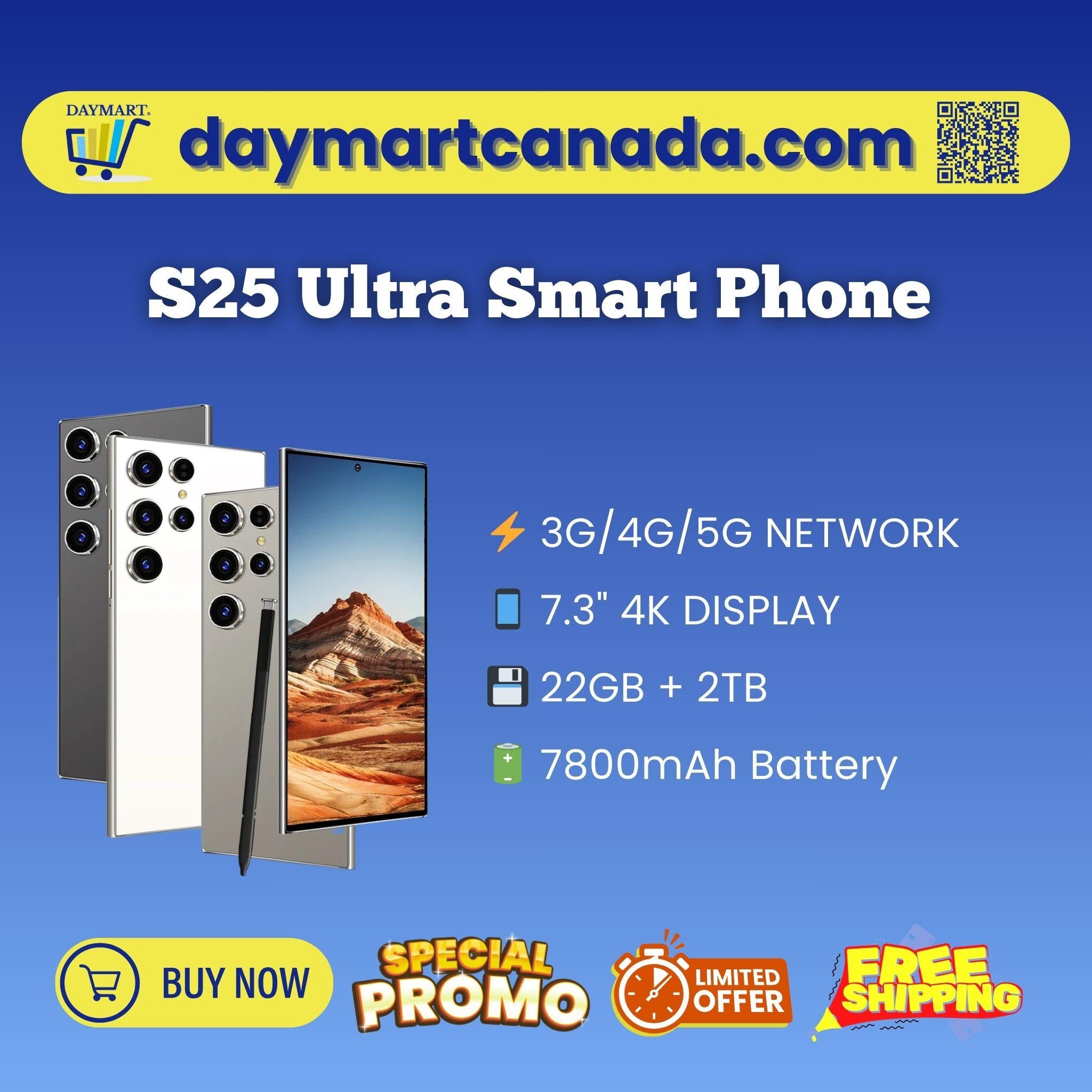 Front view of S25 Ultra Smartphone with 6.8" display and Android 14 system