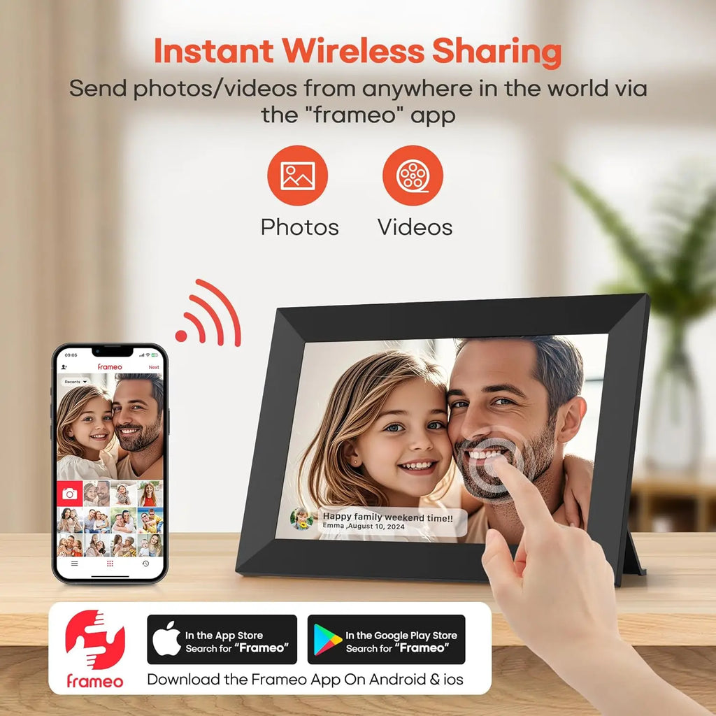 FRAMEO Digital Photo Frame WiFi 32GB 10.1 Inch 1280x800 IPS Touch Screen Digital Picture Frame Easy Setup Share Photo or Video
