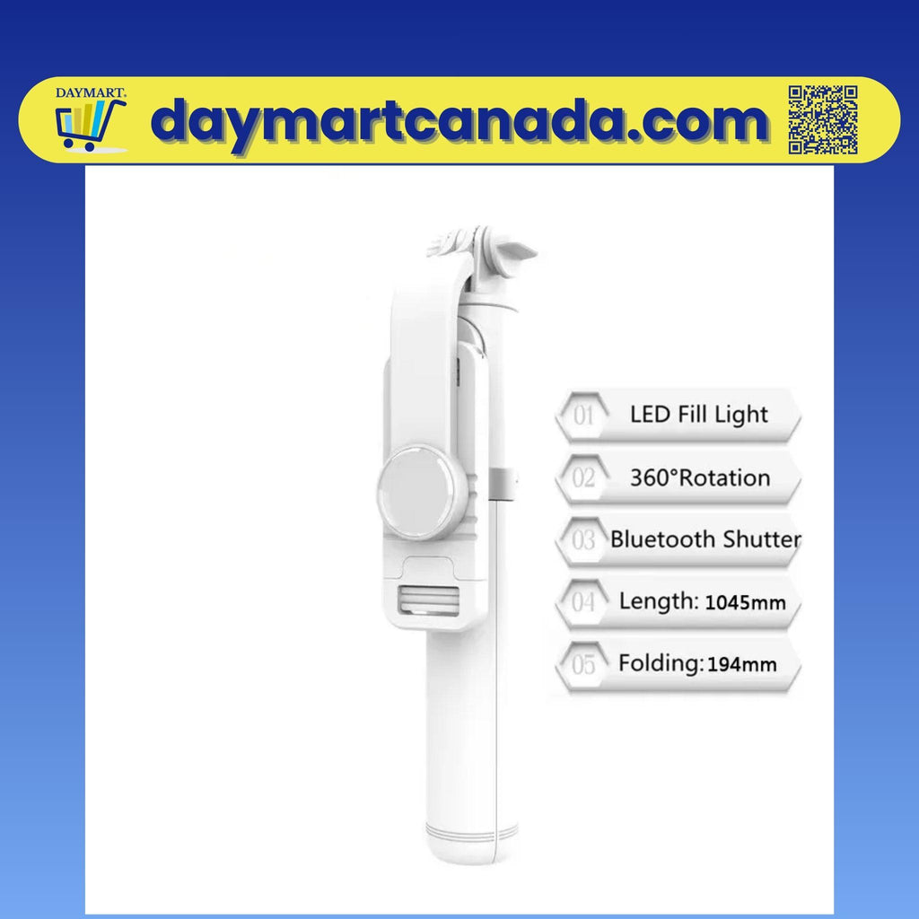 White version of the LED wireless selfie stick with extendable tripod, compatible with Android and iOS smartphones