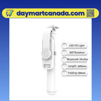 White version of the LED wireless selfie stick with extendable tripod, compatible with Android and iOS smartphones