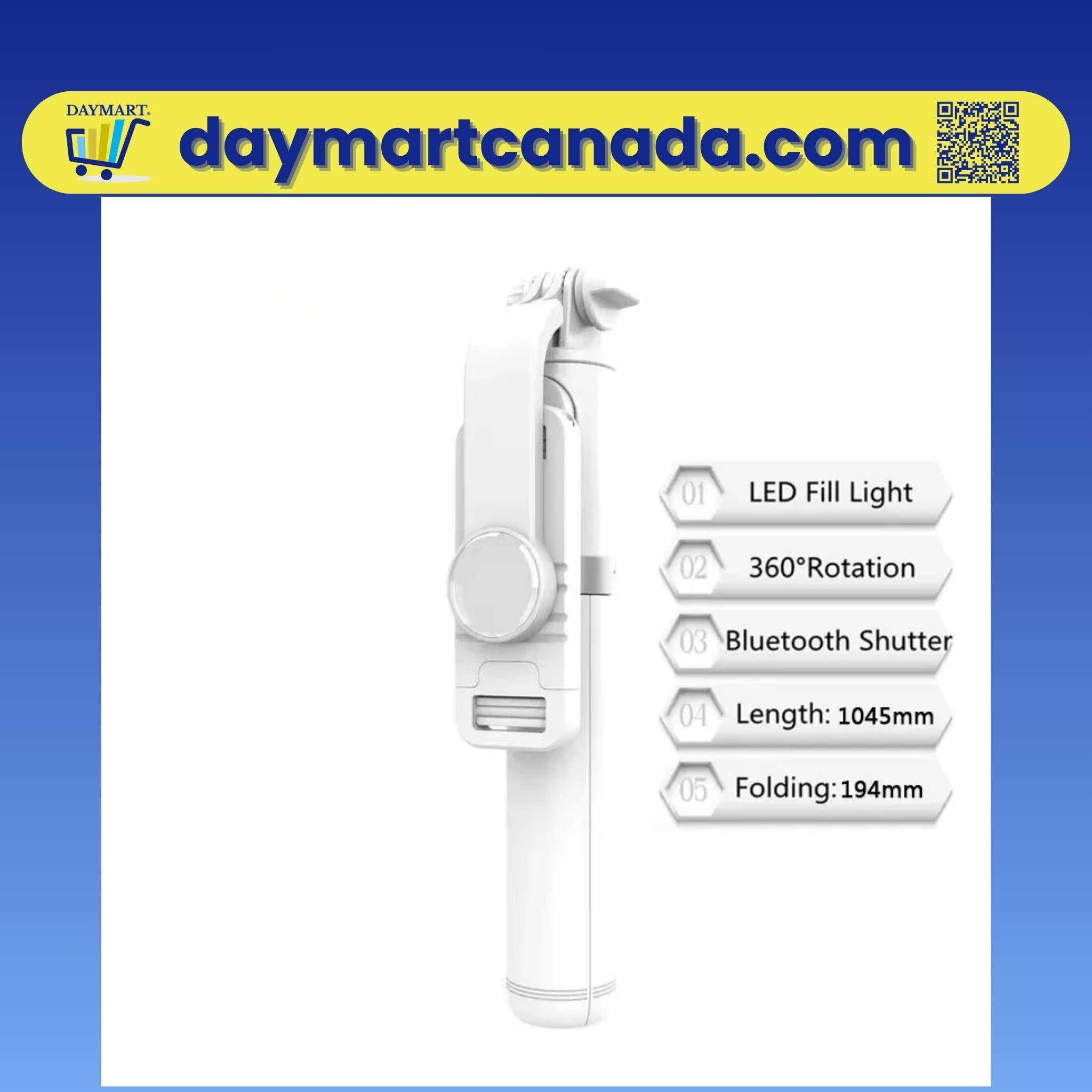 White version of the LED wireless selfie stick with extendable tripod, compatible with Android and iOS smartphones