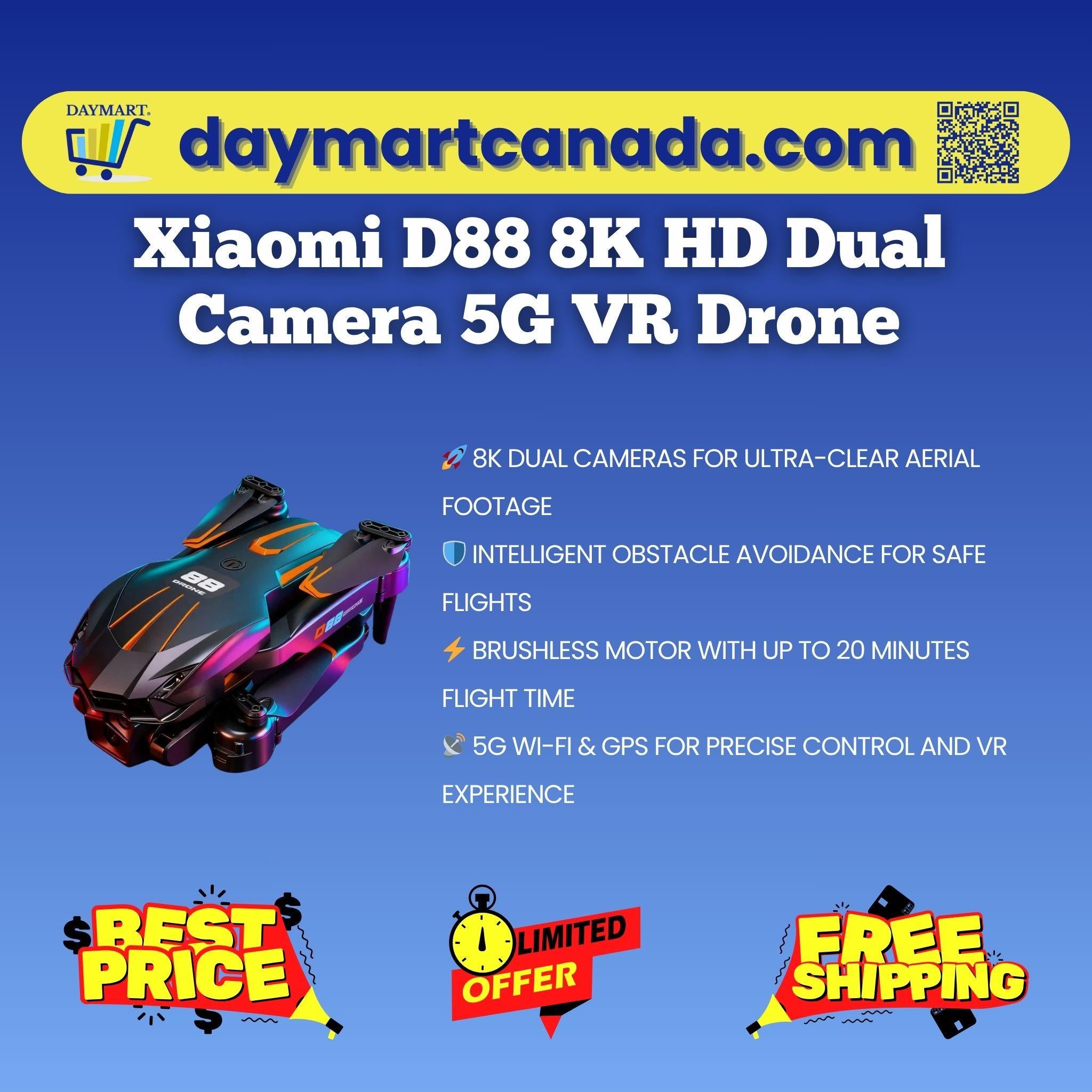 Front view of Xiaomi D88 Drone in Black showing 8K dual camera and 5G VR feature
