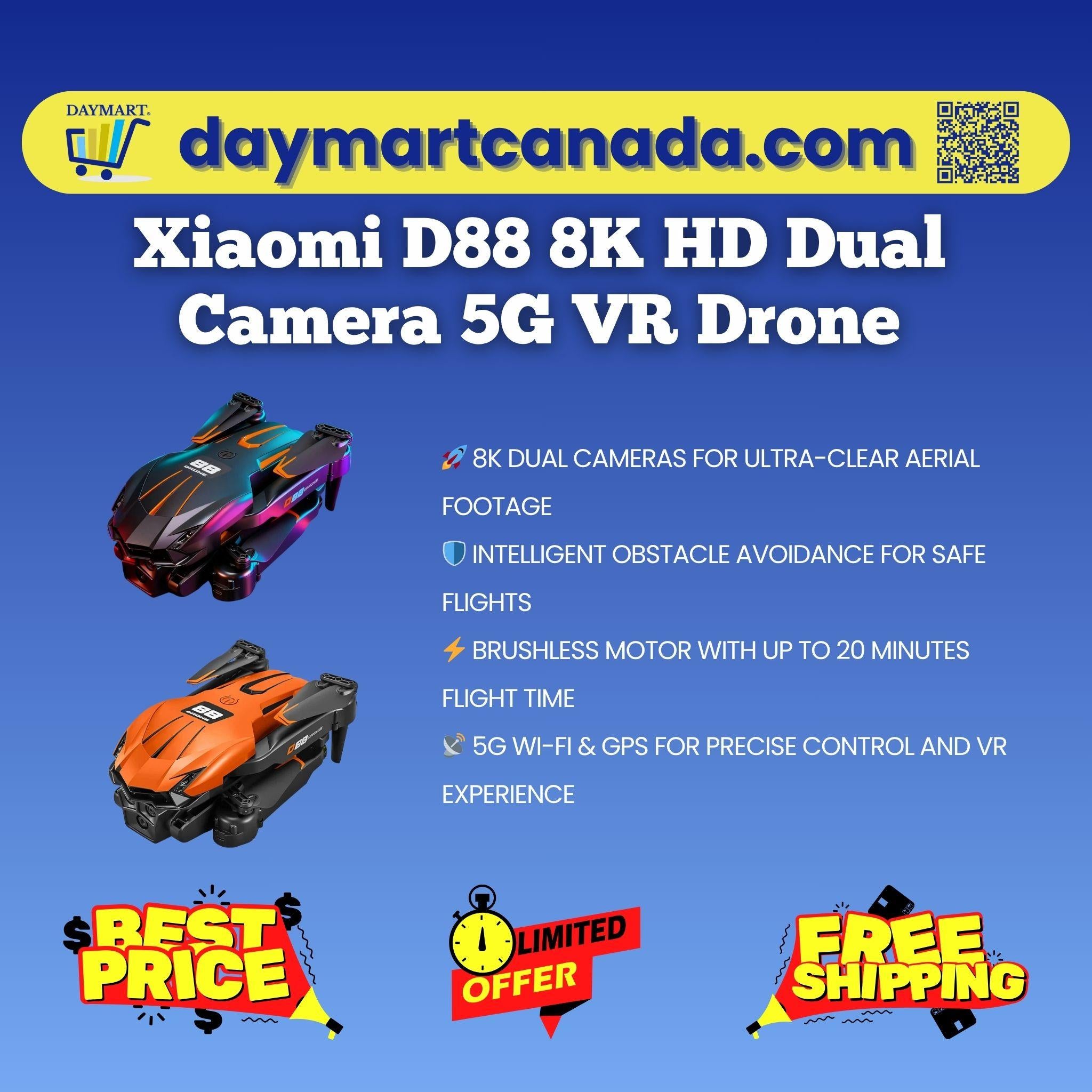 Front view of Xiaomi D88 Drone showing 8K dual camera and 5G VR feature