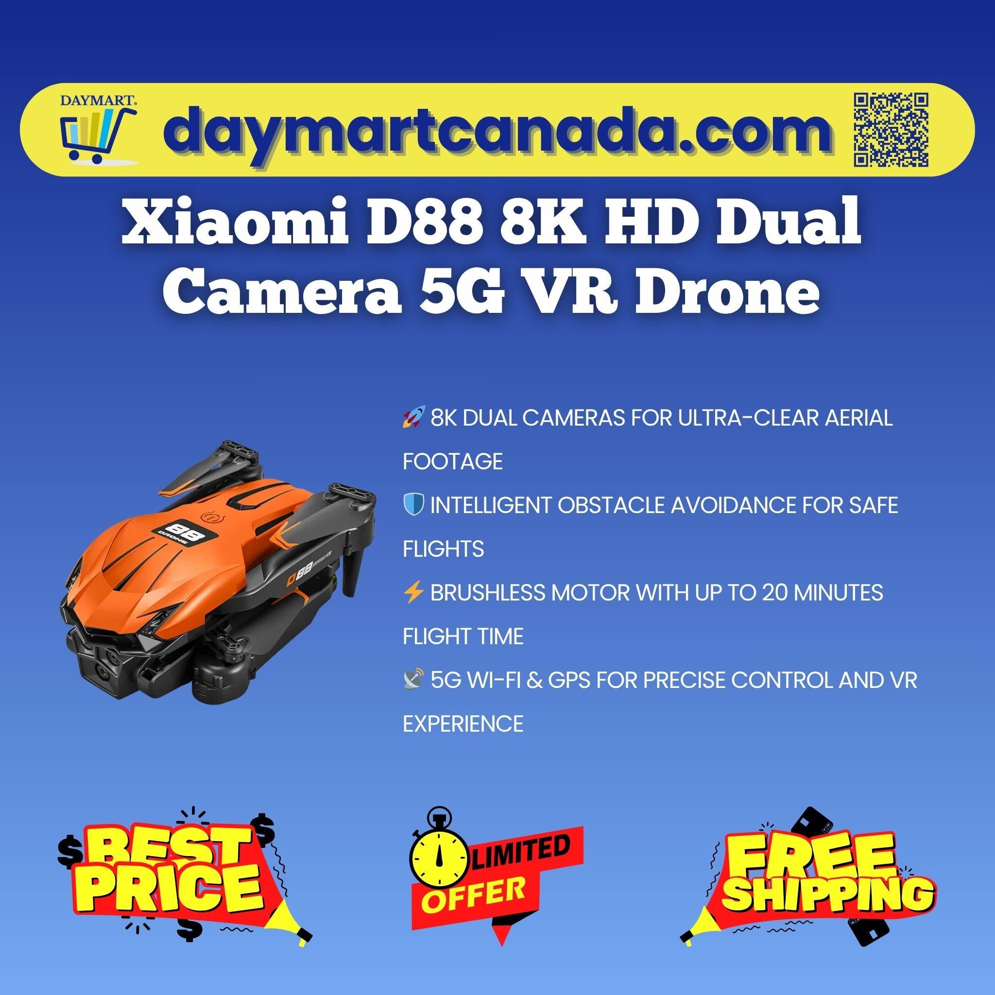Front view of Xiaomi D88 Drone in Orange showing 8K dual camera and 5G VR feature