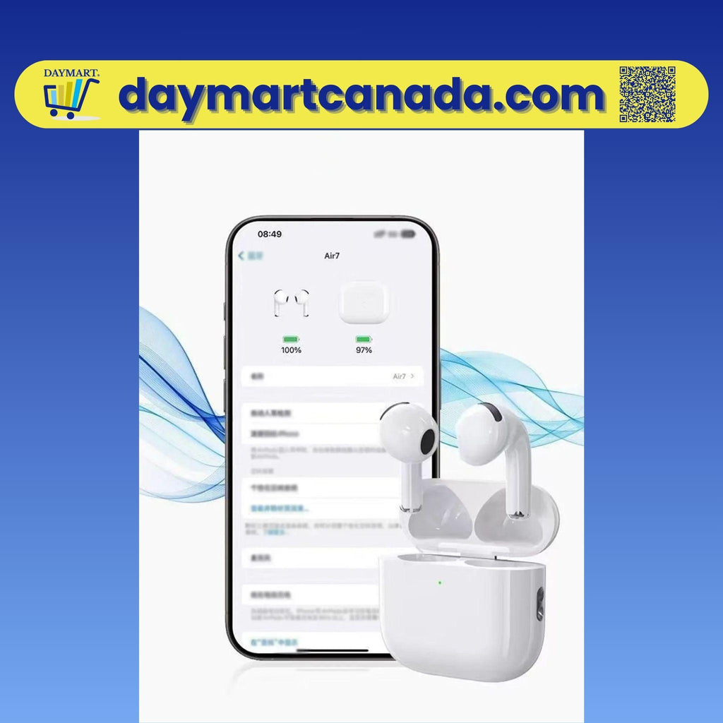 Air Pro Earphones displayed with smartphone for Bluetooth pairing