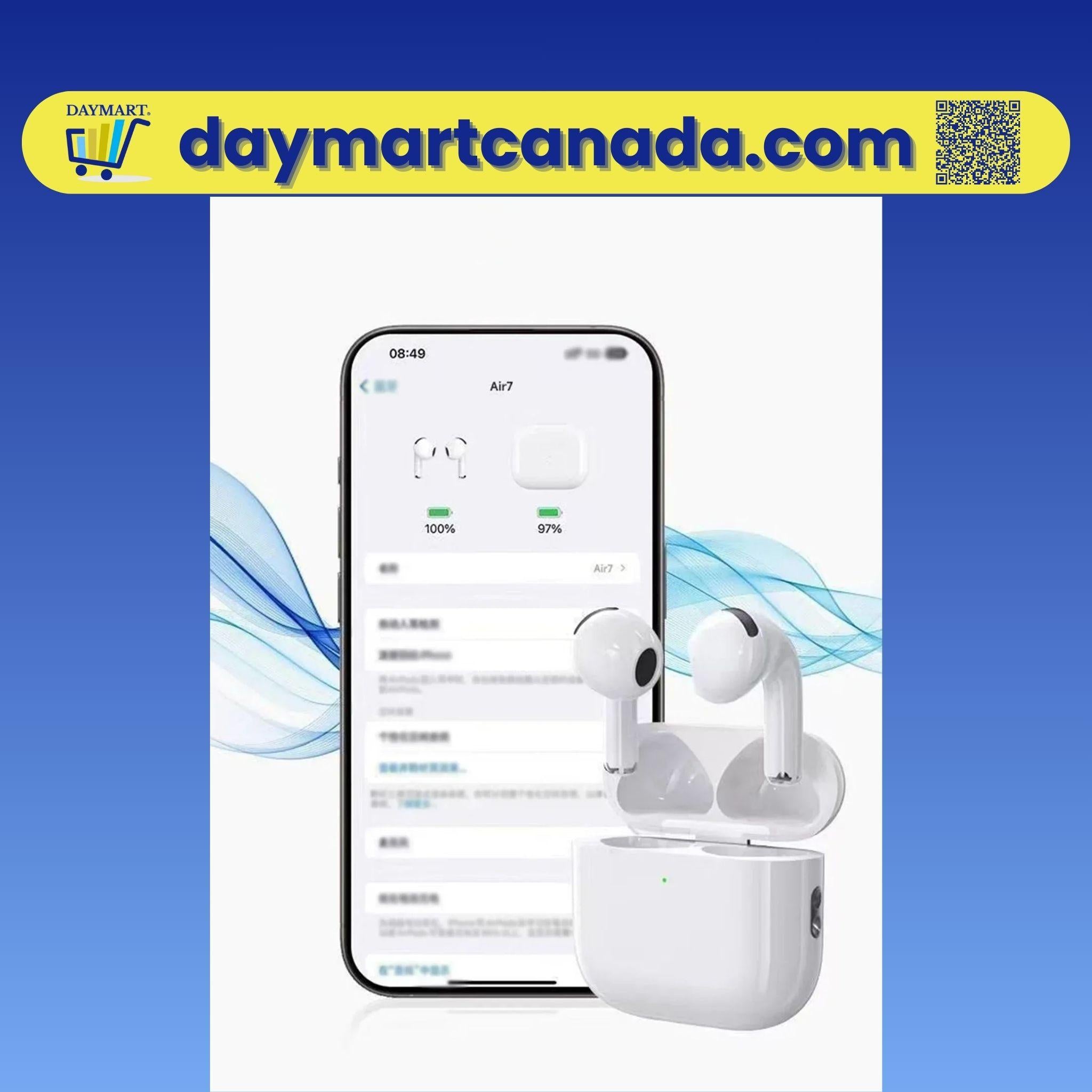 Air Pro Earphones displayed with smartphone for Bluetooth pairing