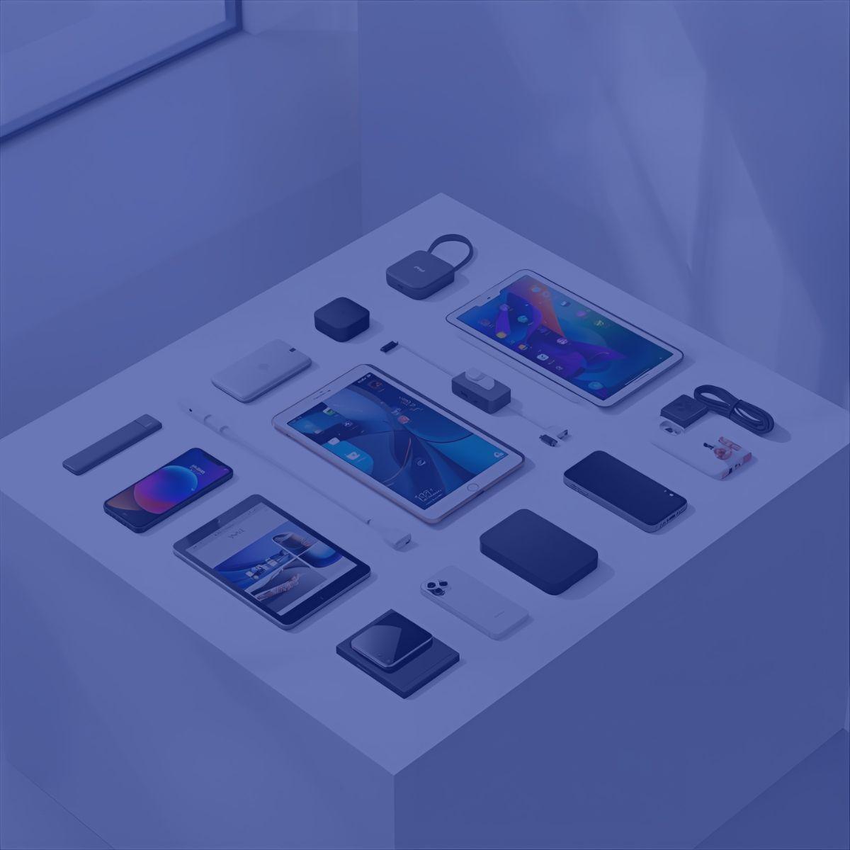 Collection of modern tech products including tablets, smartphones, and accessories displayed in a clean retail-style environment – DAYMART®